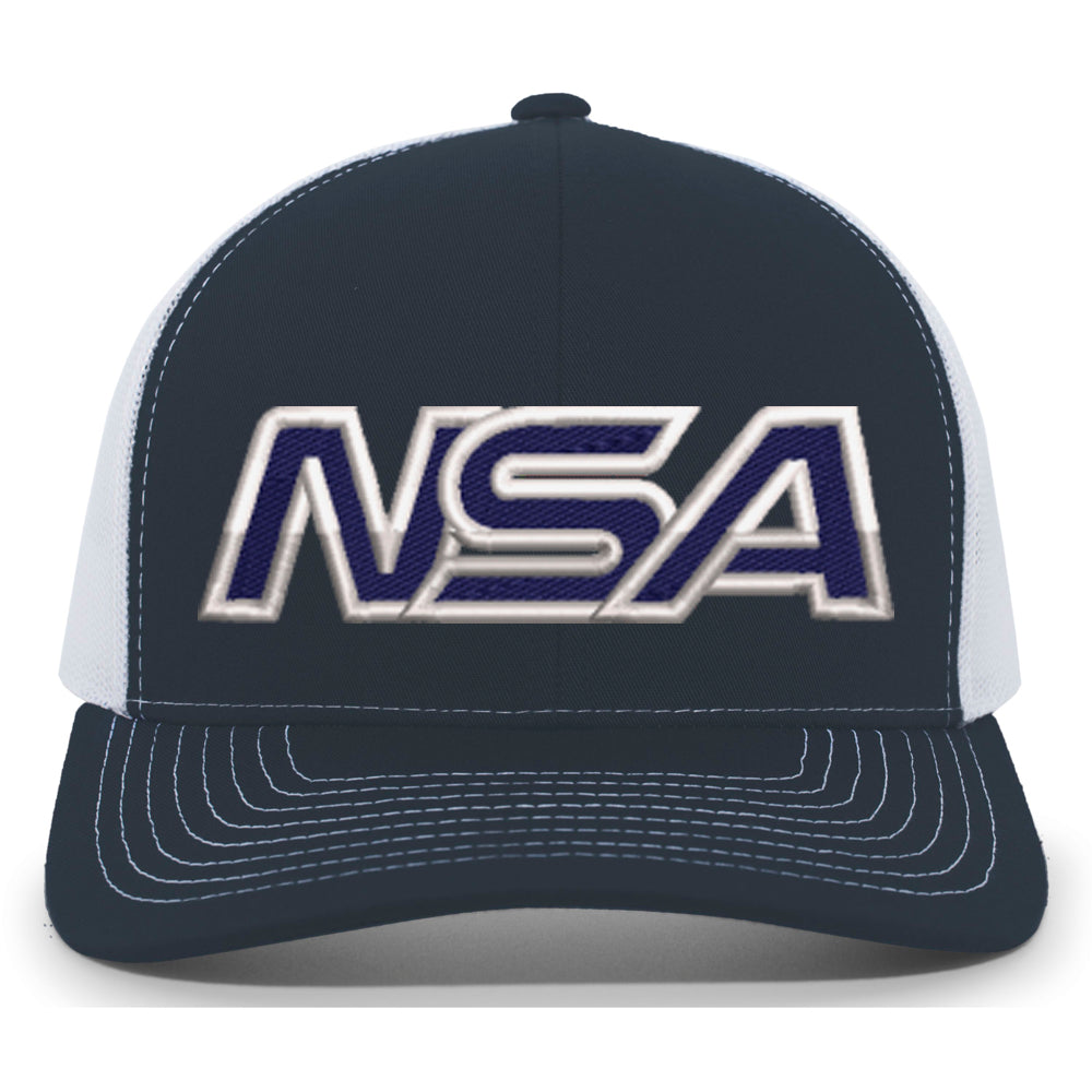 The NSA Outline Series Snapback Hat: 104 by Pacific Headwear features navy blue and white colors, bold NSA embroidery on the front, white mesh panels, and contrasting white stitching on the visor.