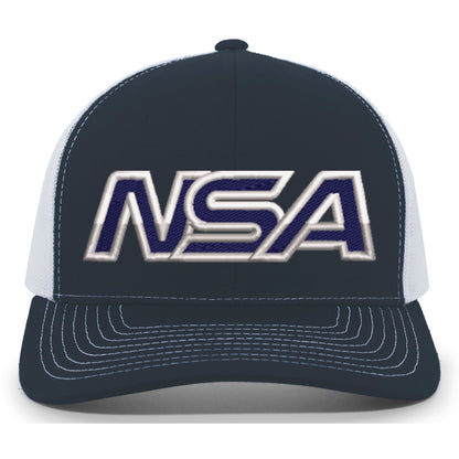 The NSA Outline Series Snapback Hat: 104 by Pacific Headwear features navy blue and white colors, bold NSA embroidery on the front, white mesh panels, and contrasting white stitching on the visor.