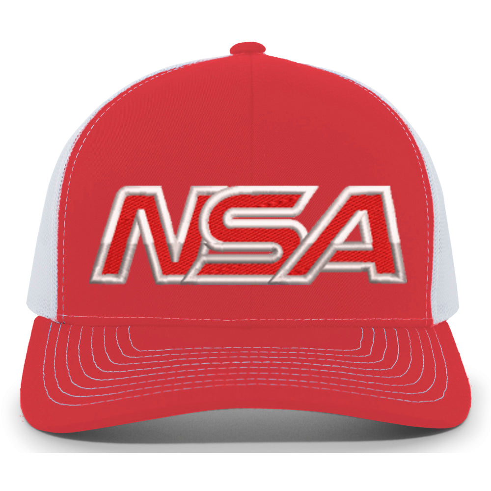 The NSA Outline Series Snapback Hat: 104 by Pacific Headwear features bold, white outlined NSA letters on the front, a red and white design, white stitching, and a curved bill—perfect for National Softball Association fans.