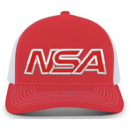 The NSA Outline Series Snapback Hat: 104 by Pacific Headwear features bold, white outlined NSA letters on the front, a red and white design, white stitching, and a curved bill—perfect for National Softball Association fans.