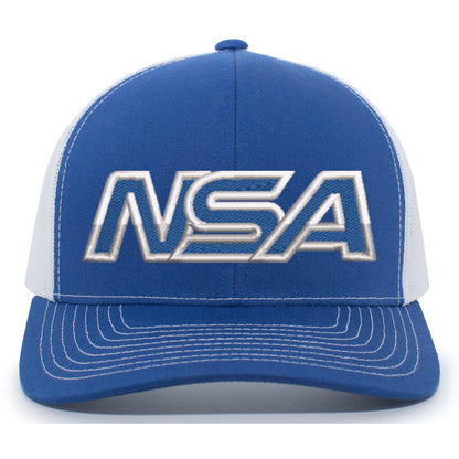 Show your support for the National Softball Association with the NSA Outline Series Snapback Hat: 104 by Pacific Headwear—a blue and white cap featuring bold metallic NSA lettering.