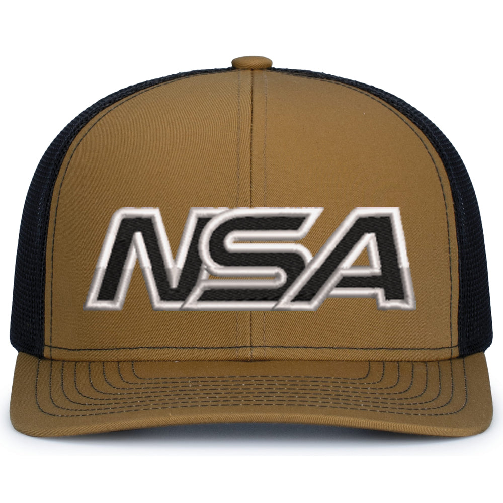 The Pacific Headwear NSA Outline Series Snapback Hat: 104 features a brown and black design with a mesh back and large, bold black-and-white embroidered NSA letters representing the National Softball Association.