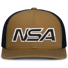 The Pacific Headwear NSA Outline Series Snapback Hat: 104 features a brown and black design with a mesh back and large, bold black-and-white embroidered NSA letters representing the National Softball Association.