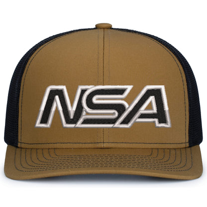 The Pacific Headwear NSA Outline Series Snapback Hat: 104 features a brown and black design with a mesh back and large, bold black-and-white embroidered NSA letters representing the National Softball Association.