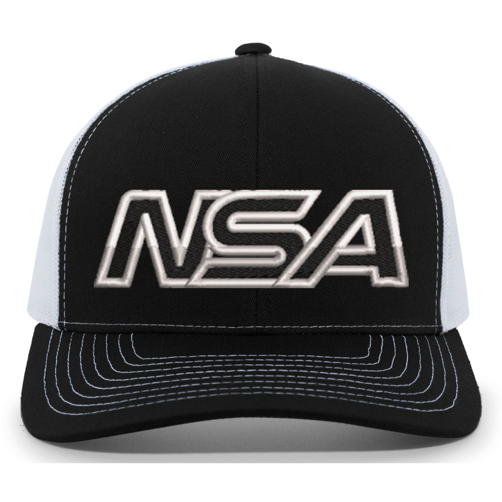 The NSA Outline Series Snapback Hat: 104 by Pacific Headwear features bold metallic silver "NSA—National Softball Association" embroidery on a black and white trucker design, with contrasting white stitching on the brim and front.