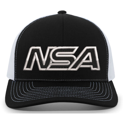The NSA Outline Series Snapback Hat: 104 by Pacific Headwear features bold metallic silver "NSA—National Softball Association" embroidery on a black and white trucker design, with contrasting white stitching on the brim and front.