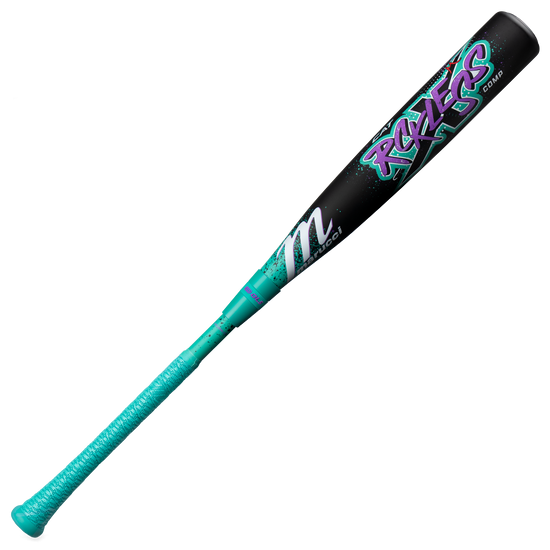 The 2026 Marucci CAT X RCKLESS Composite (-5) USSSA Baseball Bat features a bold "RCKRS" graphic on its composite barrel, a teal and black color scheme, and a textured teal grip for enhanced control.