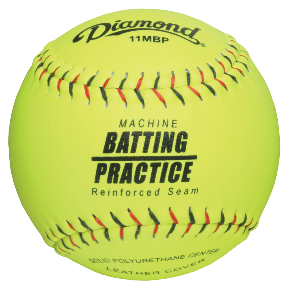 A bright yellow Diamond Machine Batting Practice 11" Leather Fastpitch Softball (11MBP) with red stitching, featuring "Diamond 11MBP," "Machine Batting Practice Reinforced Seam," and "Leather Cover" printed in black.
