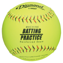 A bright yellow Diamond Machine Batting Practice 11" Leather Fastpitch Softball (11MBP) with red stitching, featuring "Diamond 11MBP," "Machine Batting Practice Reinforced Seam," and "Leather Cover" printed in black.