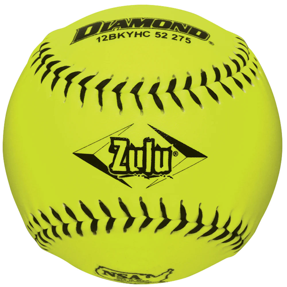 The Diamond NSA Zulu 12" 52/275 Composite Slowpitch Softball (12BKYHC-52-275) is a bright yellow competition-grade softball with black stitching, designed for NSA slowpitch play.