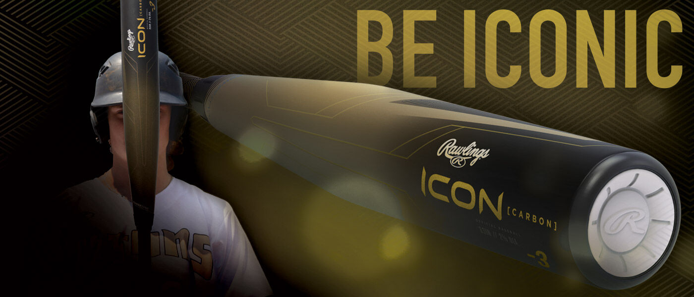 A baseball player in helmet holds a Rawlings ICON carbon bat vertically in front of their face. The words “BE ICONIC” appear in large yellow letters beside a close-up of the bat.