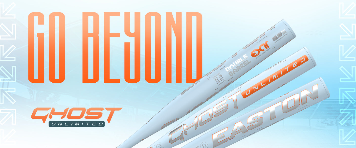 Three Easton Ghost Unlimited softball bats are displayed vertically with “GO BEYOND” in bold orange text in the background and the Ghost Unlimited logo in the lower left corner. The background is blue with faint geometric patterns.