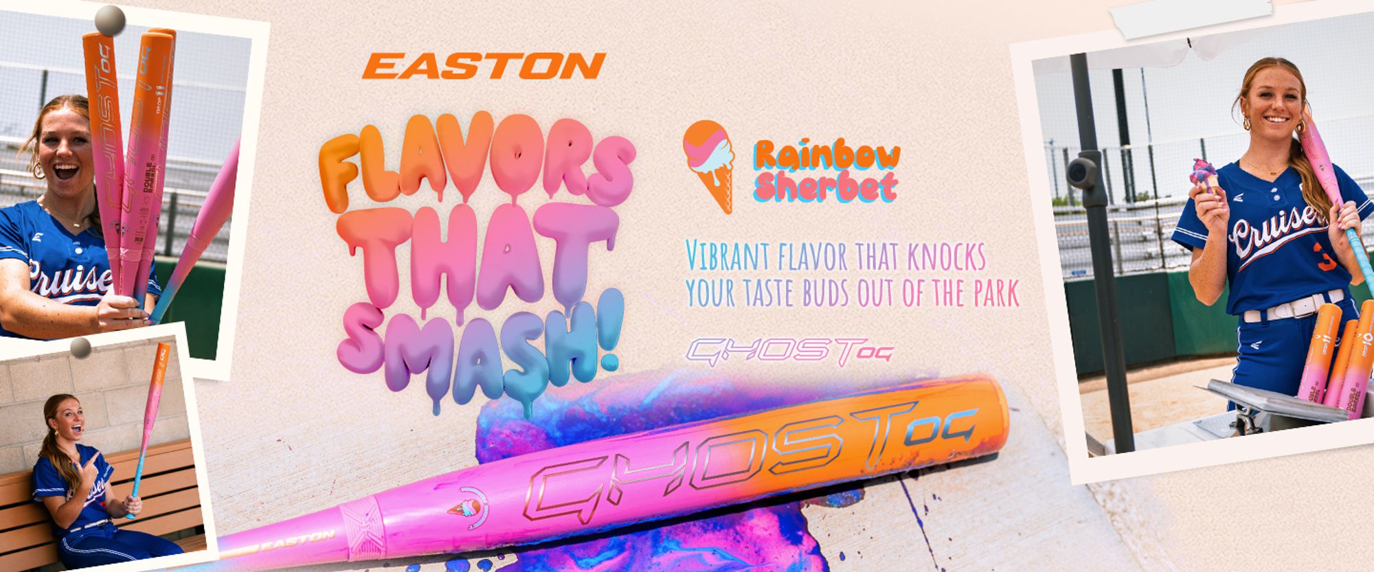 Promotional image of Easton ghost og rainbow sherbet bats with colorful design and text, featuring flavors that smash and a woman holding a ghost sherbert bat.