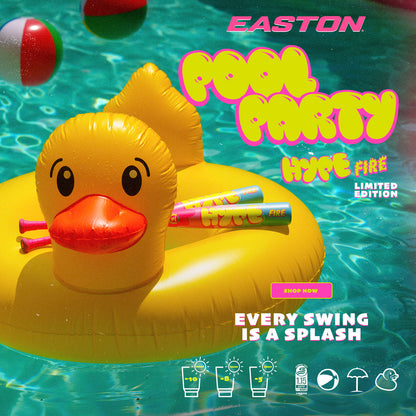 A yellow inflatable duck float holds two colorful bats, including the 2025 Easton Hype Fire Pool Party (-8) 2 3/4" USSSA Baseball Bat: EUT6HPP8 by Easton. Text: EASTON Pool Party Hype Fire Limited Edition—Every Swing is a Splash. Shop Now.