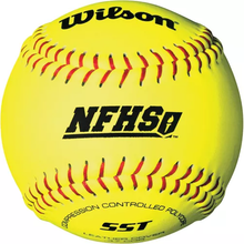 A bright yellow Wilson NFHS Polycore 12" 47/325 Leather Fastpitch Softball (WTA9011BSST) with red stitching features the NFHS logo and "High School Game Ball," "Compression Controlled Polycore," and "SST" printed on its surface.