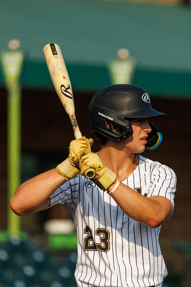 A baseball player in a black helmet and striped jersey (#23) holds the 2025 Rawlings Icon (-3) BBCOR Baseball Bat: RB5I3 (DEMO), preparing to swing during a game, with a blurred green and brown background behind him.