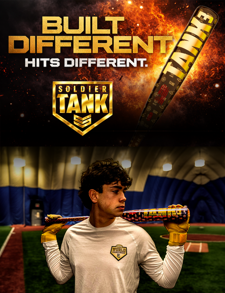 A promotional image for the 2026 Soldier Tank 3 (-3) BBCOR Baseball Bat: BB-1-26D by Soldier Sports shows bold text, fiery bat effects, and a young player with batting gloves holding the Power Alloy bat on his shoulders in an indoor facility.
