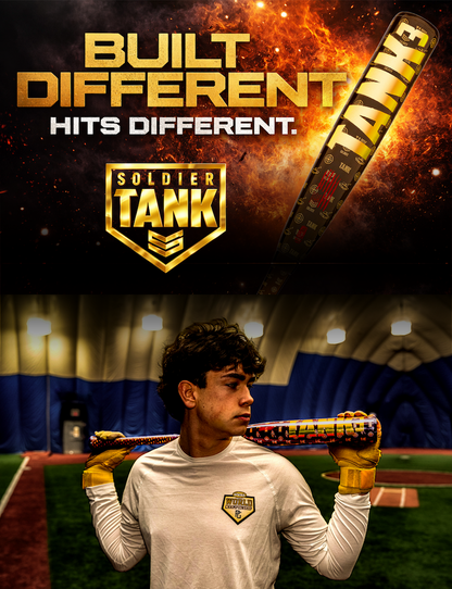 A promotional image for the 2026 Soldier Tank 3 (-3) BBCOR Baseball Bat: BB-1-26D by Soldier Sports shows bold text, fiery bat effects, and a young player with batting gloves holding the Power Alloy bat on his shoulders in an indoor facility.