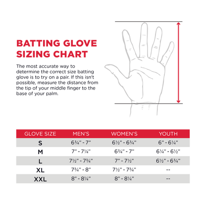 Hand measurement instructions and size chart for men, women, and youth (sizes S to XXL, with corresponding hand lengths in inches) help you find the perfect fit. Ideal for players seeking a durable training glove like the Marucci Blacksmith V2 Full Wrap Adult Batting Gloves (MBG2BKSM) by Marucci, which feature reinforced padding to ensure a comfortable and secure fit for every player.