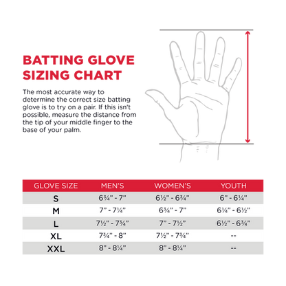 Marucci REMX Youth Batting Gloves (MBRMXY) sizing chart with a hand illustration shows how to measure hand length, plus a size table (S–XXL) for men, women, and youth gloves—featuring top materials like cabretta sheepskin.