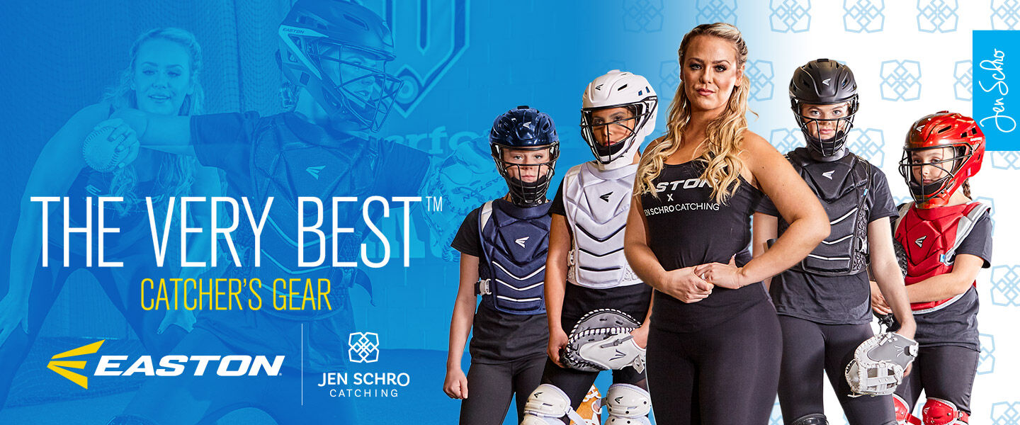 A group of youth softball catchers in colorful gear stands beside coach Jen Schroeder, promoting Easton catcher’s gear. Bold text reads “The Very Best Catcher’s Gear.” Easton and Jen Schro Catching logos are also featured.