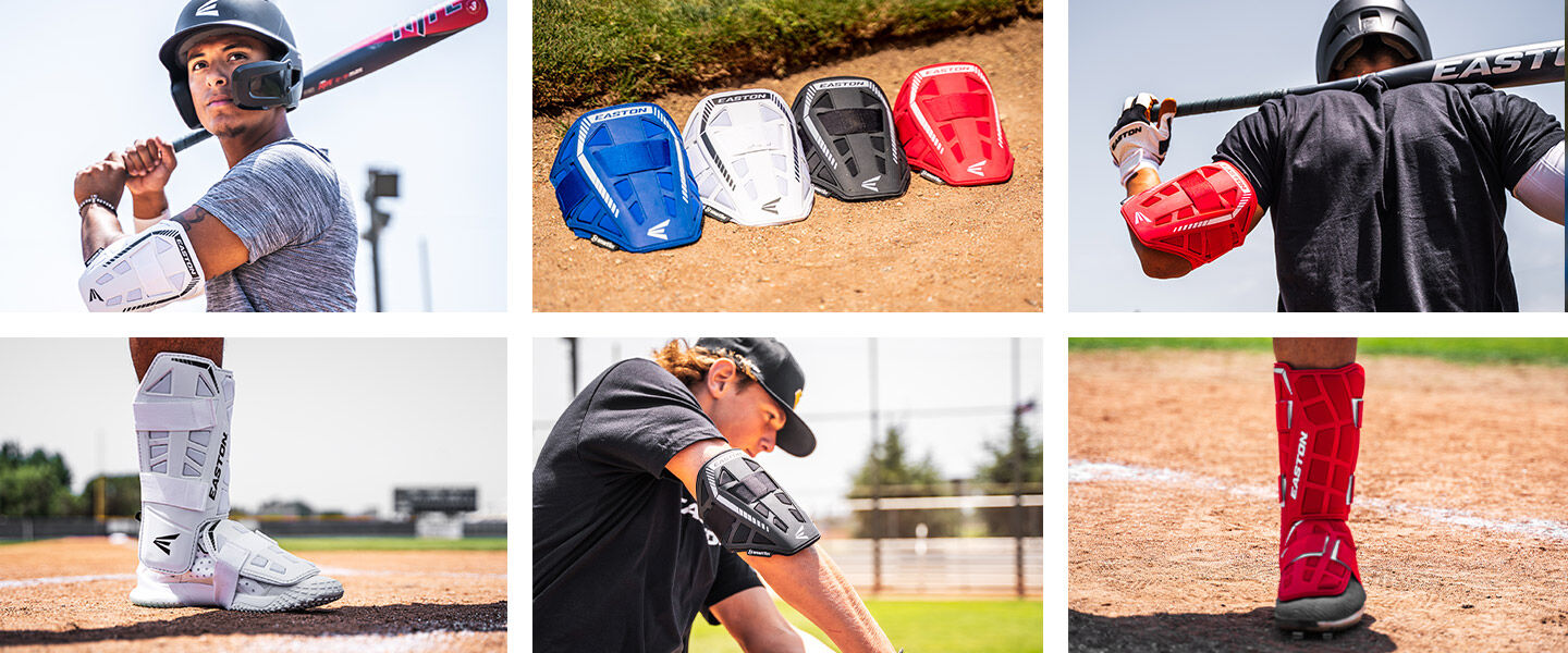 A collage of baseball players wearing protective gear, including elbow and leg guards in black, red, blue, and white, with close-up shots of the gear and players holding bats on a baseball field.