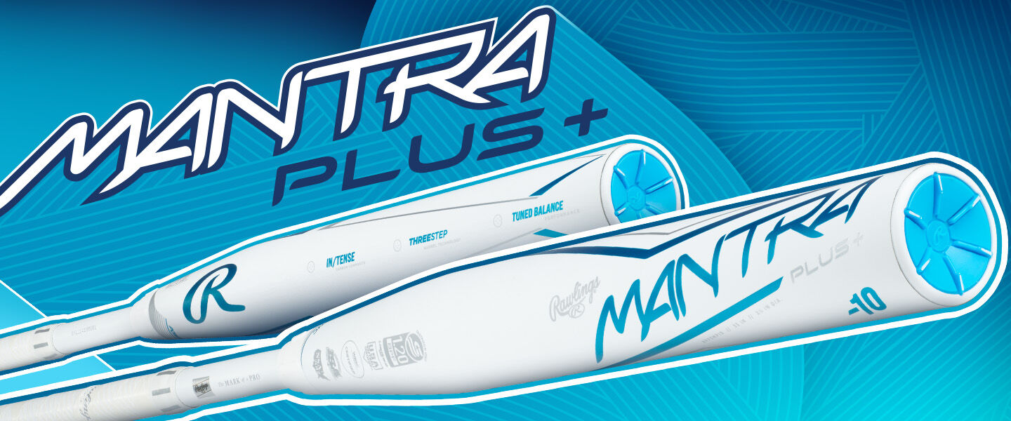 Two white and blue softball bats labeled MANTRA PLUS + lie diagonally on a blue background with bold MANTRA PLUS + text above them. The bats feature sleek, modern graphics and accents.