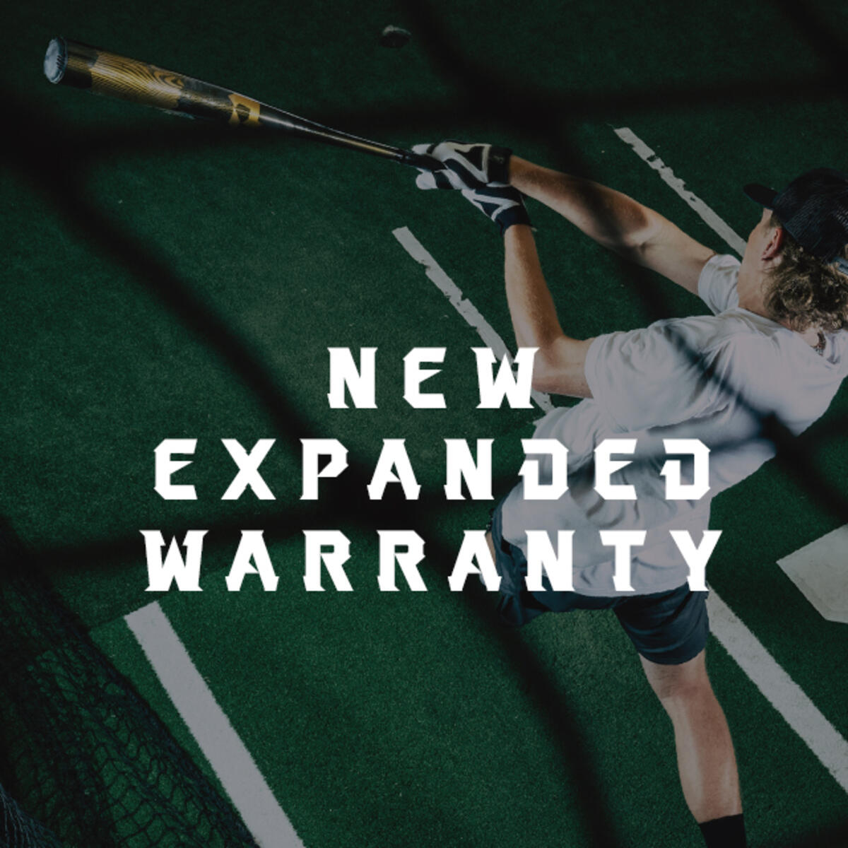 A baseball player swings the 2024 DeMarini Voodoo One (-3) BBCOR Baseball Bat (WBD2461010) in a batting cage, with "NEW EXPANDED WARRANTY" in bold white letters over the image.