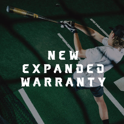 A baseball player swings the 2024 DeMarini Voodoo One (-3) BBCOR Baseball Bat (WBD2461010) in a batting cage, with "NEW EXPANDED WARRANTY" in bold white letters over the image.