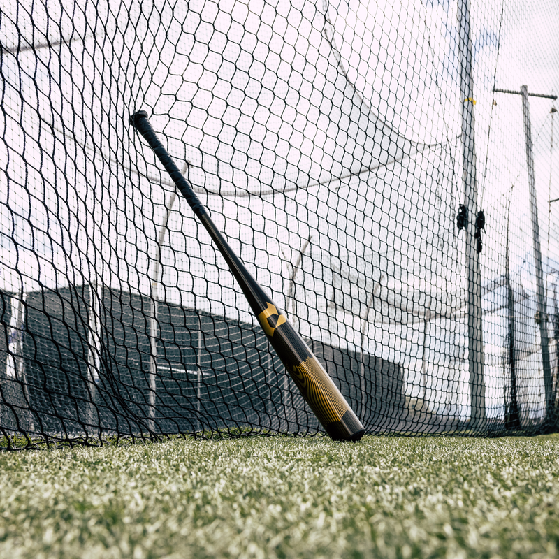 A 2024 DeMarini Voodoo One (-3) BBCOR Baseball Bat (WBD2461010) leans against a net on green artificial turf at an outdoor batting cage, with nets and metal poles visible under a cloudy sky.