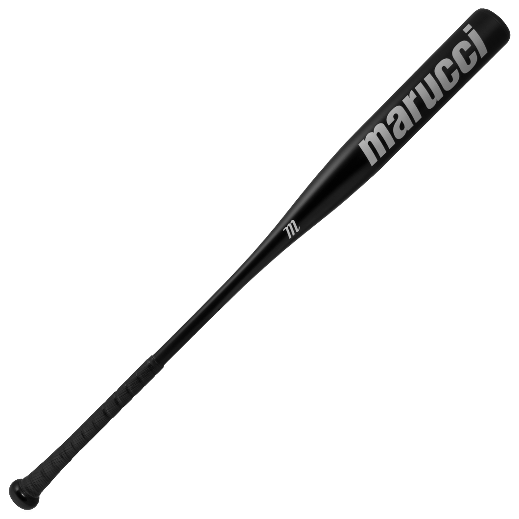 A black Marucci Aluminum Fungo 35″ Training Bat (MTRBFA) made from high-strength alloy, with a wrapped grip and the Marucci brand name displayed in large white letters near the barrel.
