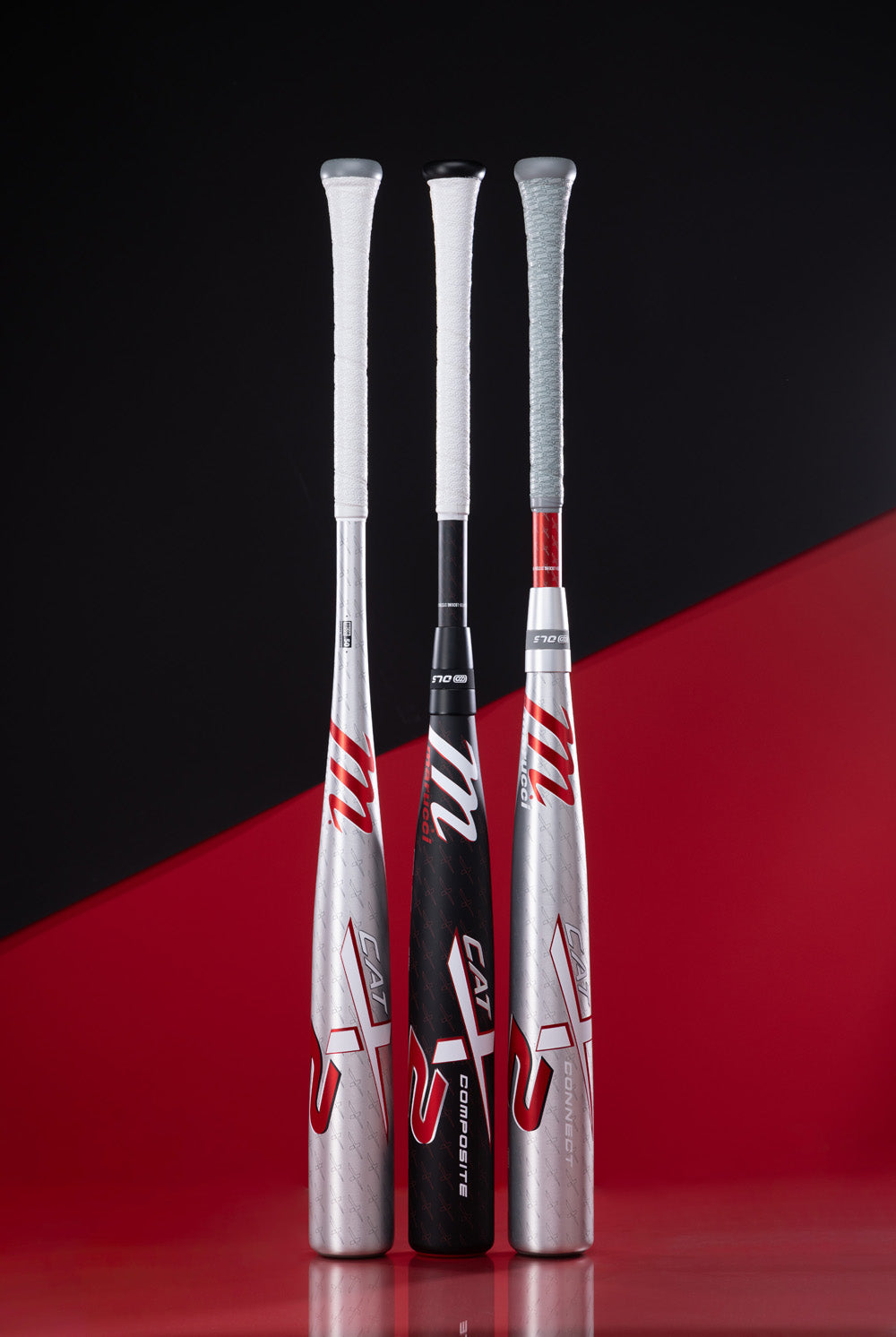 A selection of baseball bats, featuring the 2025 Marucci CATX2 Connect (-3) BBCOR Baseball Bat: MCBCCX2 with advanced anti-vibration technology for a smoother swing.