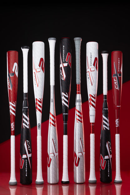 A collection of baseball bats featuring the 2025 Marucci CATX2 Connect (-5) 2 3/4" USSSA Baseball Bat: MSBCCX25 (DEMO), known for its two-piece hybrid design and advanced anti-vibration technology.