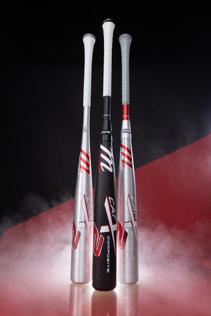 The 2025 Marucci CATX2 Connect (-3) BBCOR Baseball Bat from Marucci stands upright on a smoky surface, illuminated by red light, and showcases advanced anti-vibration technology for superior performance.