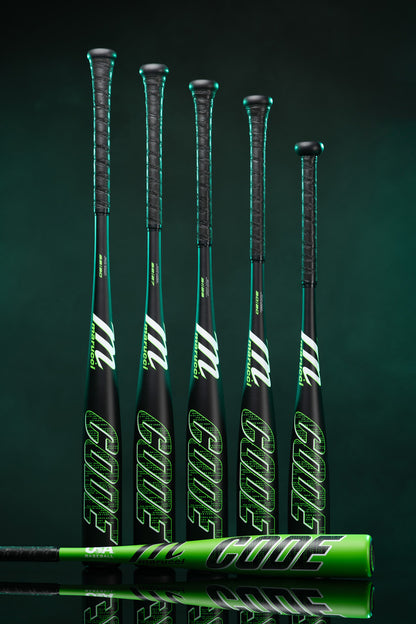 A set of black Marucci 2025 Code (-10) USSSA baseball bats, crafted from durable AZ75 alloy and featuring an anti-vibration knob for comfort.