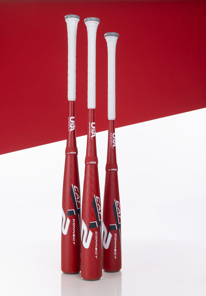 Three Marucci 2025 CATX2 Connect (-5) USA Baseball Bats with anti-vibration tech stand upright on a white surface against a striking white and red geometric background.