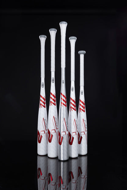 Five Marucci CATX2 (-10) USSSA baseball bats (MSBCX210), silver and white with red accents, stand upright against a black background. Each bat features white grip tape and anti-vibration technology for enhanced performance.
