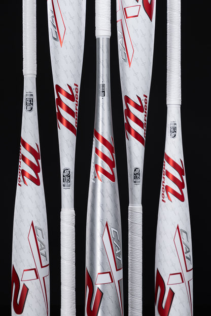 Five Marucci CATX2 JBB (-10) 2 3/4" USSSA bats stand upright, displaying white handles, red and silver designs, the Marucci logo, and certification stamps. These one-piece alloy bats are part of the 2025 series.