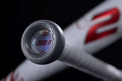 Close-up of the knob on the 2025 Marucci CATX2 JBB (-10) 2 3/4" USSSA Baseball Bat, showing "31" inside a clear cap, plus part of its white and red design and one-piece alloy construction. Brand: Marucci.