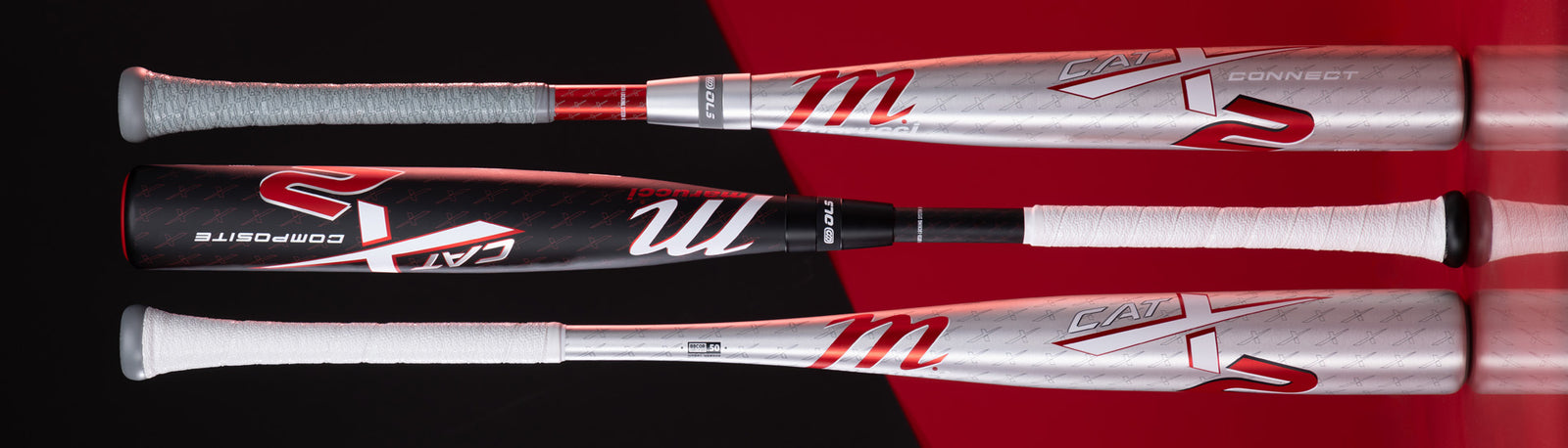 Three Marucci CATX baseball bats are displayed horizontally against a red and black background, showing different models with silver, black, and red designs and white grips.