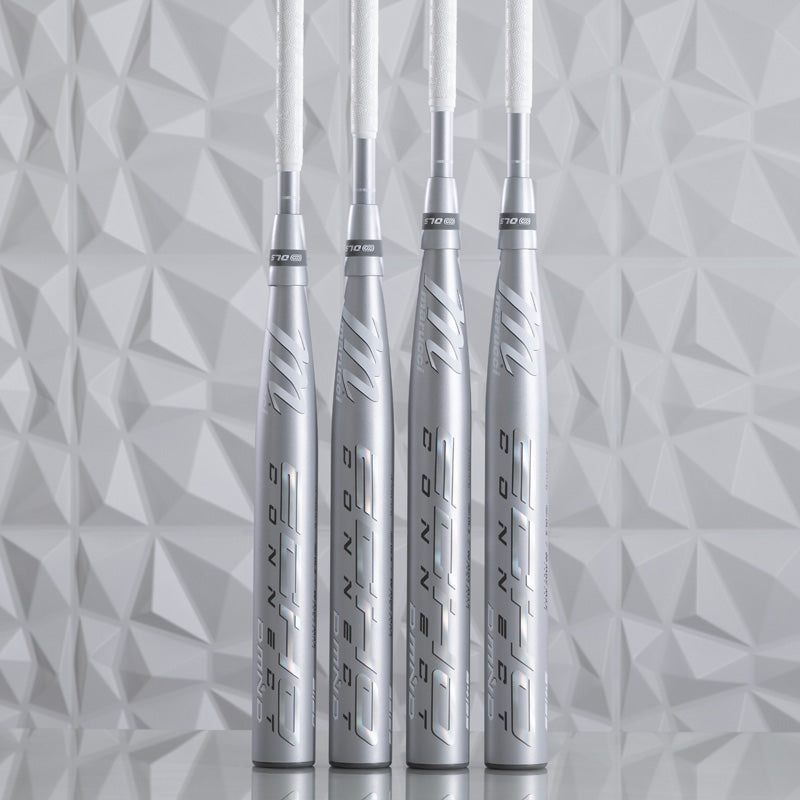 A group of silver baseball bats, including the 2025 Marucci Echo Connect DMND2 (-10) Fastpitch Softball Bat (MFPECD210), features sleek designs and advanced two-piece composite construction.