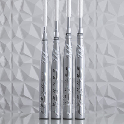 A group of silver baseball bats, including the 2025 Marucci Echo Connect DMND2 (-10) Fastpitch Softball Bat (MFPECD210), features sleek designs and advanced two-piece composite construction.