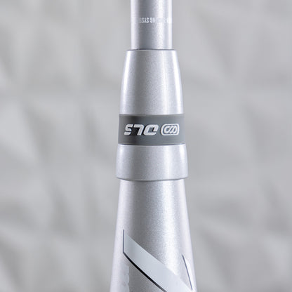 Close-up of a Marucci 2025 Echo Connect DMND2 (-10) fastpitch softball bat handle (MFPECD210), showing "S15" and a logo on a gray band, against a blurred textured background.