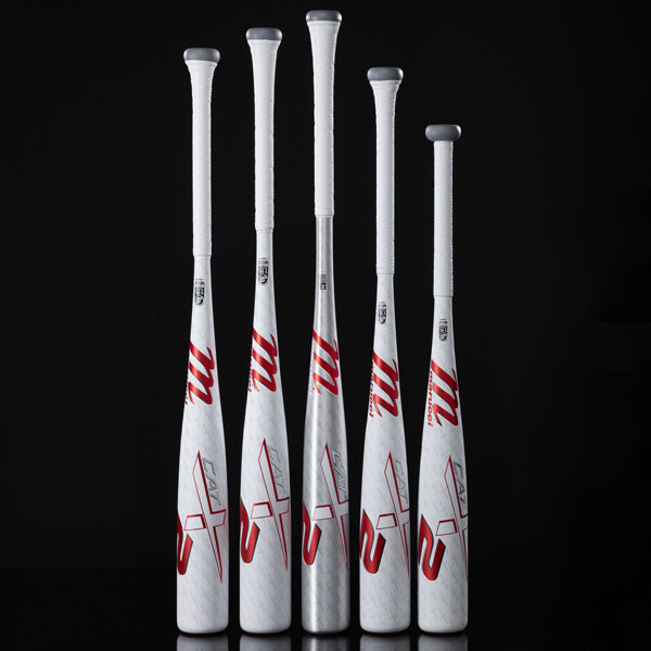 Five white baseball bats with red and gray accents stand upright in a row against a black background, each bat varying slightly in height and size.
