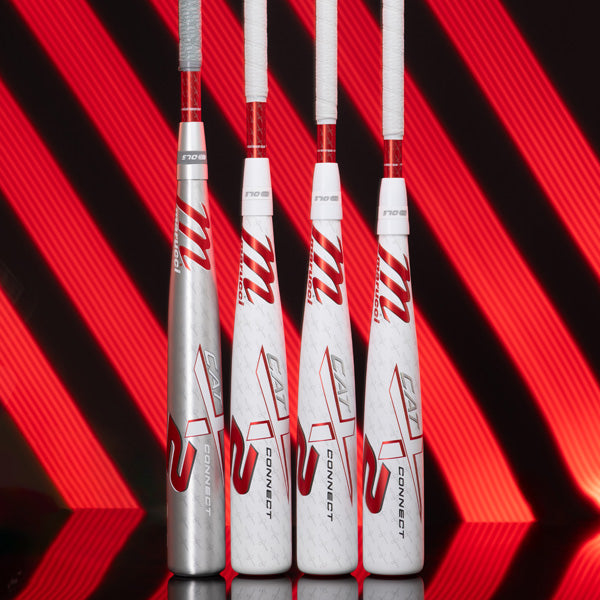 Four white and red baseball bats stand upright side by side against a black background with diagonal red light stripes. The bats are labeled CONNECT and have bold red and silver graphics.