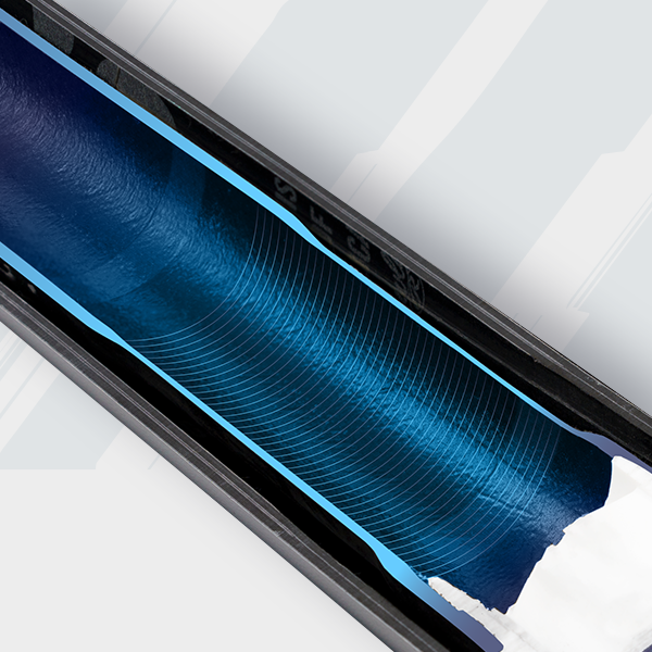 A close-up cross-section of a cylindrical blue water filter membrane housed inside a black tube, with white and blue layers visible around the membrane.