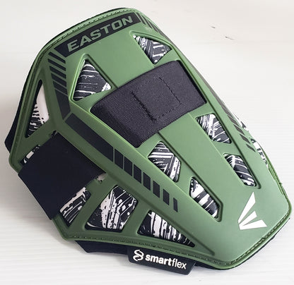 The Easton Compact Batter Elbow Guard: ES37 features a green exterior, black and white patterned inner lining, black adjustable straps, and a smartflex label, offering reliable protection as essential gear for batters.