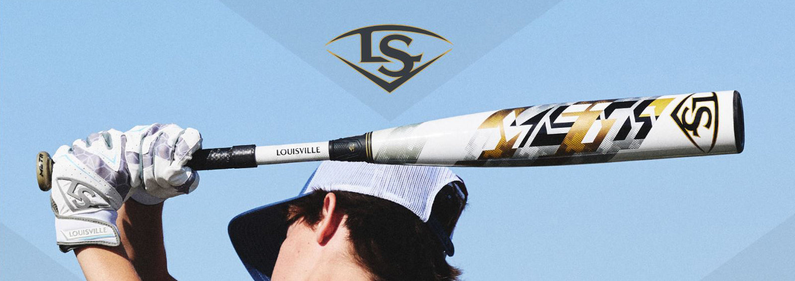A baseball player wearing a cap and gloves holds a Louisville Slugger bat over their shoulder, with the LS logo and a clear blue sky in the background.