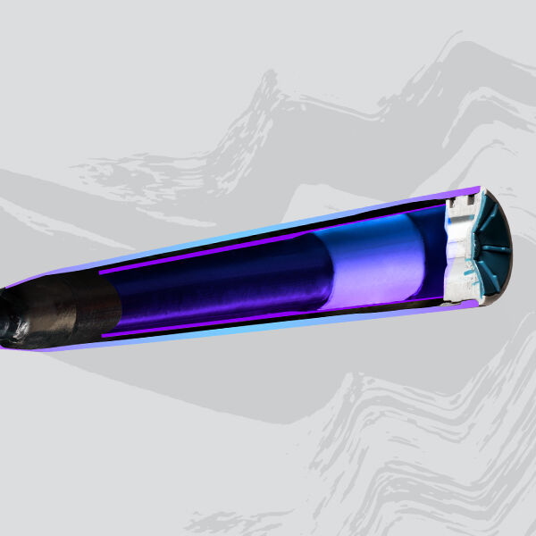 A digitally rendered cutaway view of a bullet, showing its internal components in shades of purple, black, and blue against a light gray, abstract background.