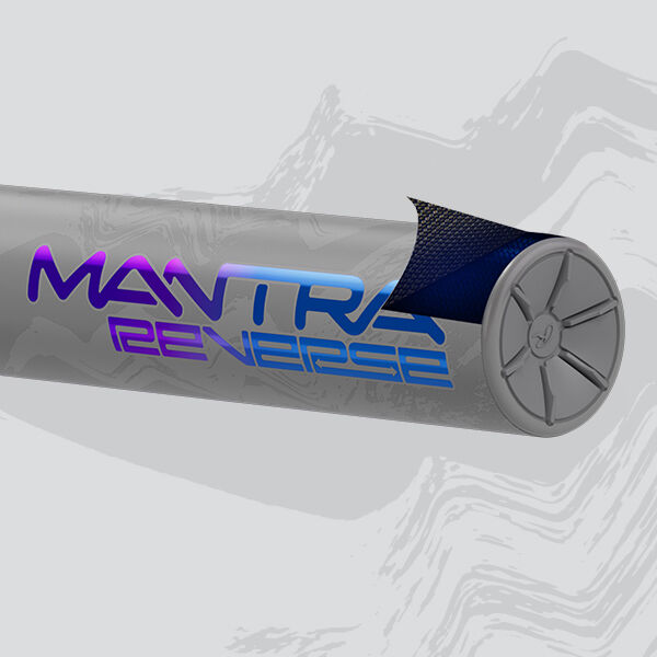 Close-up of the end cap of a metallic gray baseball or softball bat labeled MANTRA REVERSE in blue and purple gradient text, with a textured design on the barrel and a light patterned background.